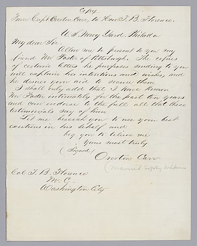 Letter from Captain Overton Carr to Thomas B. Florence
