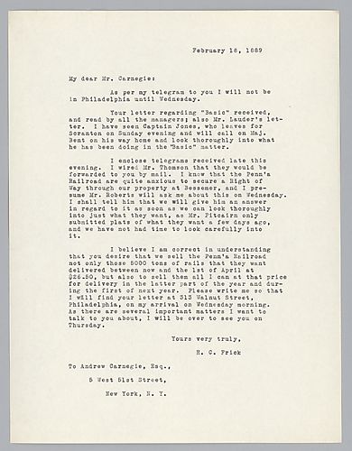Writing to Carnegie in New York, Frick informs him that he has received his letter regarding the "Basic Matter" and discusses relations between Pennsylvania Railroad and a future trip to Philadelphia