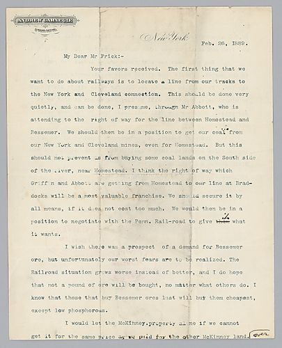 Writing from New York, Carnegie discusses railroad lines and shipment of coal to their mills, a possible land purchase and rail orders