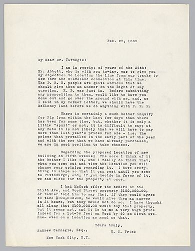 Frick writes to Carnegie in New York, in response to his letter of the previous day and discusses railroads, pig iron and property