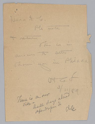Frick requests Carnegie to "please note and return" and informs him that this is answer to the letter shown him Philadelphia, Pa. The letter contains a note ("Time is on our side -- Dull days ahead depend upon it.") and a signature from Carnegie