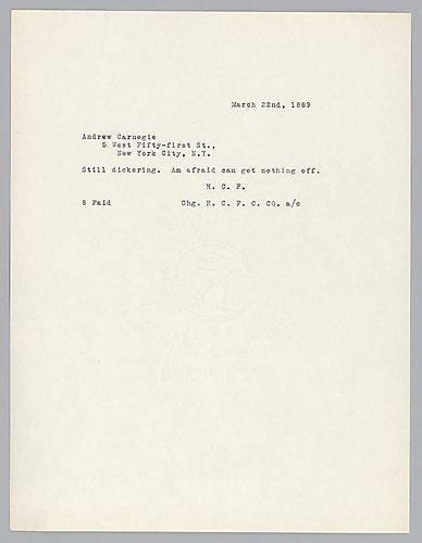 Frick writes, "Still Dickering. Am Afraid can nothing off."