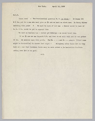 Writing from New York, Carnegie discusses negotiations about the price of ore and the cost of shipping