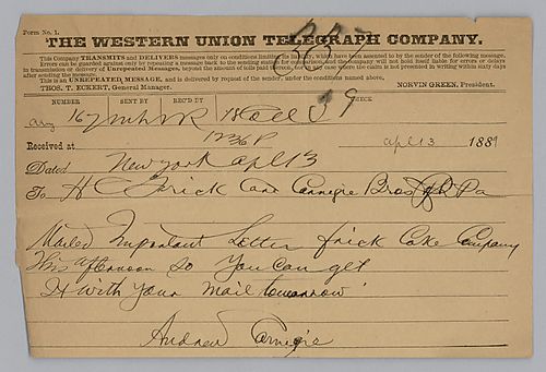 Writing from New York, Carnegie informs Frick that he has mailed him an important letter. [Telegram attached to Andrew Carnegie to Carnegie Brothers and Company], April 13, 1889