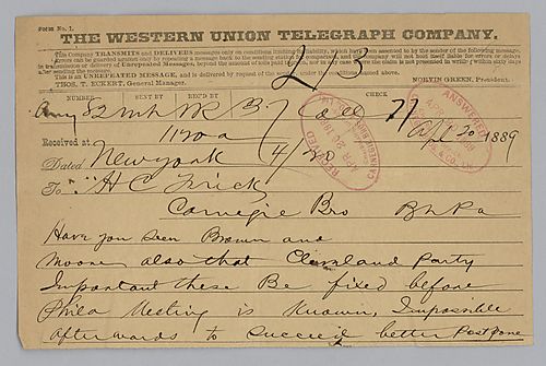 Carnegie writes from New York and instructs Frick to postpone meeting in Philadelphia, Pa