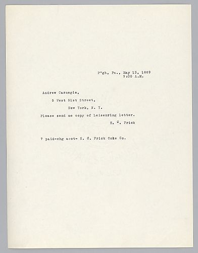 Frick writes to Carnegie in New York and requesting the Leisenring letter