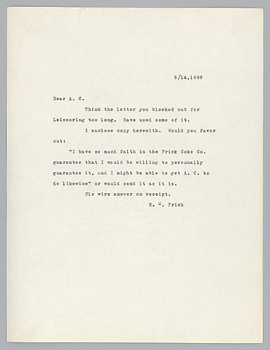 Frick discusses the Leisenring letter and informs Carnegie of changes made to the letter. Frick indicates he has enclosed a copy of the revised letter, however the letter is not present