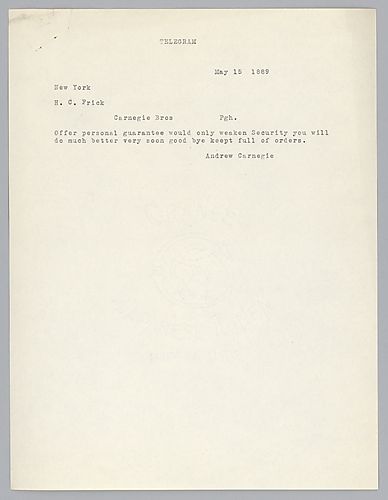 Writing from New York, Carnegie refers to an offer of a personal guarantee that weaken security