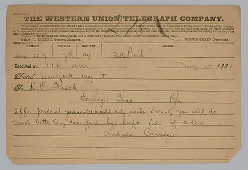 Writing from New York, Carnegie refers to an offer of a personal guarantee that weaken security