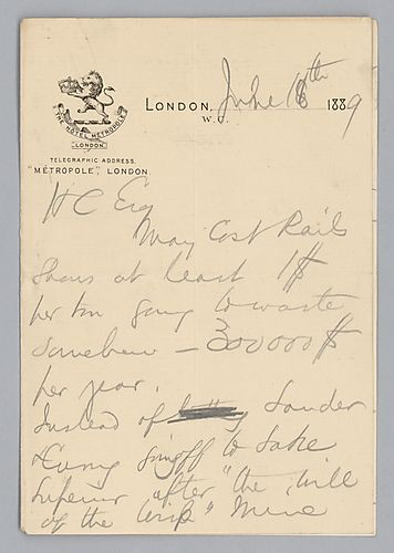 Writing from London, England, Carnegie discusses financial losses at Lake Superior mines