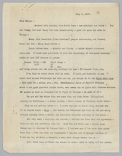 Writing from Norway, Carnegie discusses labor relations at Homestead; production of pig iron; the cost of rails and his travels in Europe