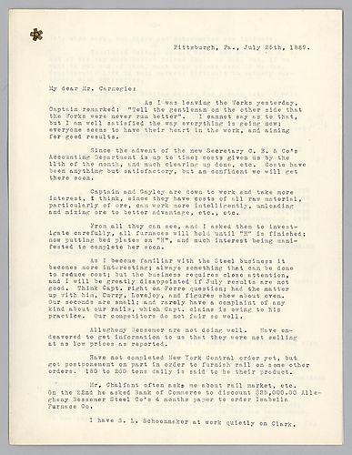 Frick writes Carnegie [in Europe], updating him about business at Carnegie Brothers Company and various other business interests