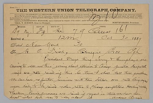 Writing From New York, Carnegie informs Frick about the extension of the Chicago Junction and its correlation to ore rates and their competitors in Chicago