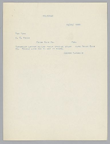 Writing from New York, Carnegie informs Frick of a letter he has sent him stamped addressed to the Frick Coke Company