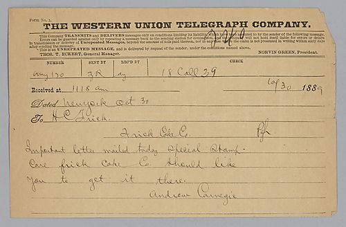 Writing from New York, Carnegie informs Frick of a letter he has sent him stamped addressed to the Frick Coke Company