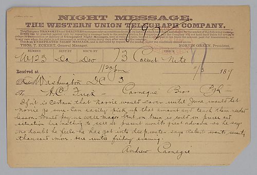 Writing from Washington, D.C., Carnegie informs Frick about undisclosed business dealings
