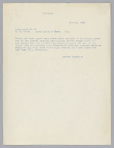 Carnegie writes from Washington, D.C. and advises Frick on ore negotiations and Mr. Park from [Allegheny Steel Company]