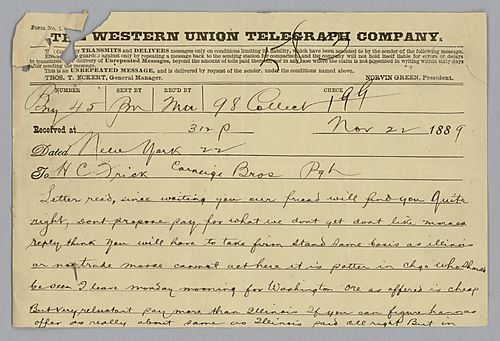 Carnegie writes from New York discussing price negotiations for the purchase of ore