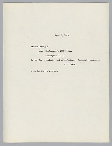 Frick notifies Carnegie that he has received his letter