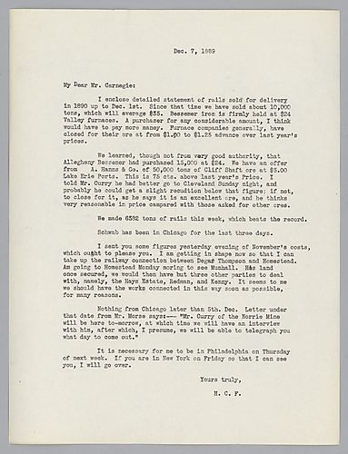 Frick informs Carnegie of production, price and sales of rails along with the price of ore and the purchase of land