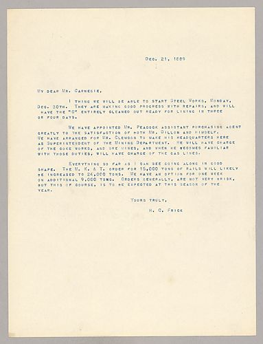 Frick details progress of "Steelworks" repairs and describes staff appointments of Mr. Peacock and Mr. Clemson
