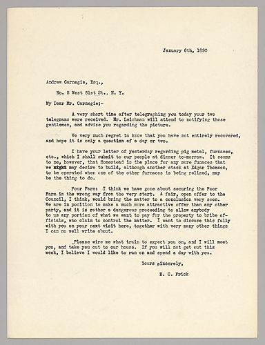 Frick writes to Carnegie on the possibility of opening up more furnaces at either Homestead or Edgar Thomson. He also gives his opinion on the way to go about purchasing Poor Farm