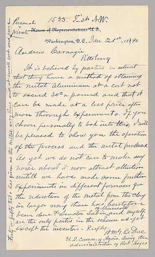 William G. LeDuc, US Commissioner of Agriculture under President Hayes, writes Carnegie to inform him of experiments to obtain aluminum at low cost and asks if he would like to be involved in the experimentation, citing about fifty successful and efficien