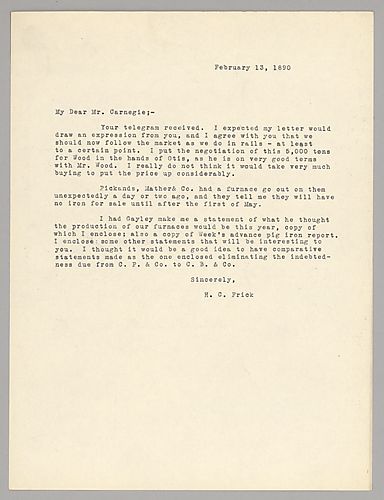 Frick writes that he agrees with Carnegie's views on following the market as they do in rails. He also enclosed a copy of a report on the furnaces and production