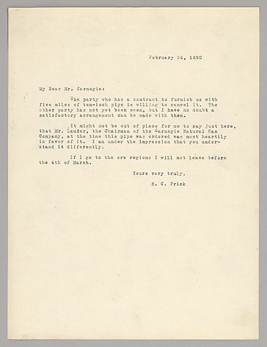 Frick writes that a gas pipeline order has been canceled and another will be adjusted. He also notes his feeling that Mr. Lauder was in favor of the pipeline at the time it was ordered