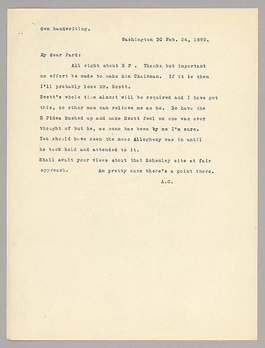 Carnegie writes from Washington D.C. on his feeling that there is no other consideration than Mr. Scott to relieve him as chairman