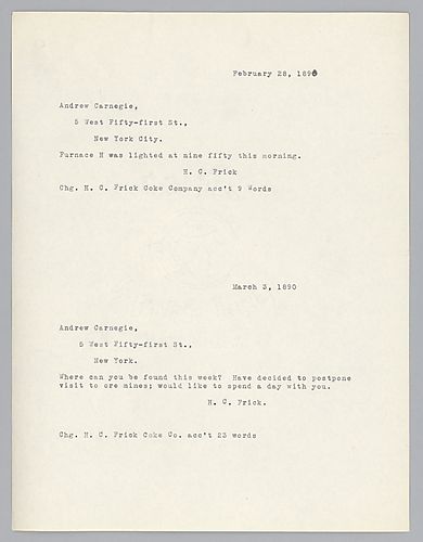 Frick writes that furnace "H" was lighted. Frick later adds, on March 3, 1892 his desire to meet with Carnegie in the coming week
