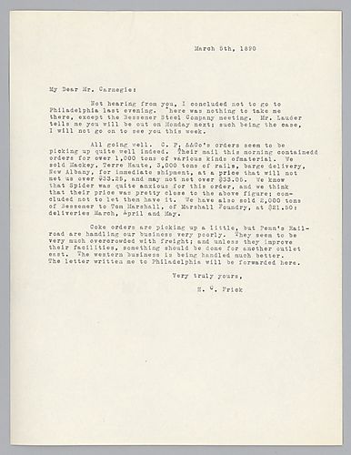 Frick writes Carnegie on the increase of orders for various materials. He also notes shipping conditions to the east and west