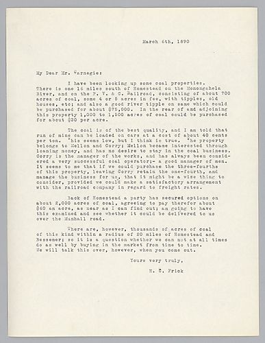 Frick writes on land that could be purchased for coal development south of Homestead