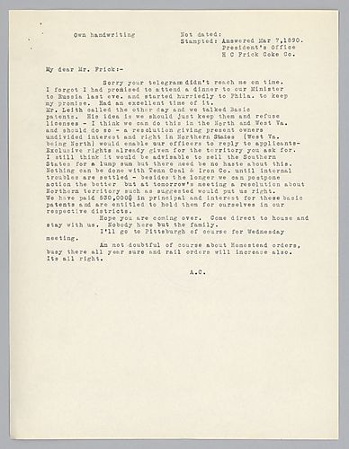 Carnegie writes on holding patents in the North and West Virginia and waiting to sell patents to the Southern States