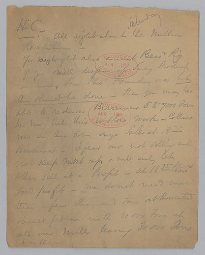 Carnegie writes on selling surplus and his feeling that the coke situation will right itself