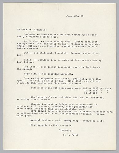 Frick lists the status of Bessemer, Carnegie Phipps and Company, pig, rails, gas line, Poor Farm, coke, and purchased coal land situations