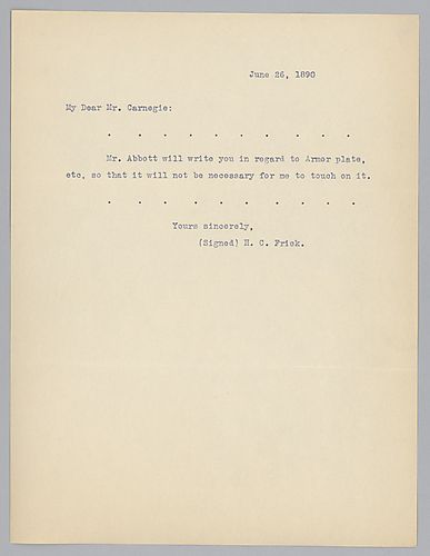 Frick writes that Mr. Abbott will update Carnegie on the Armor Plate details