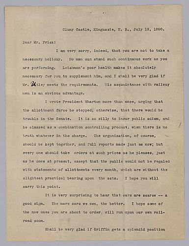 Carnegie writes from Cluny Castle, [Scotland] on the resignation of Mr. Griffen and proposes a merger between the Keystone Bridge Company and Carnegie Phipps and Company. He comments that it will take a year to get started in armor plating and the effort 
