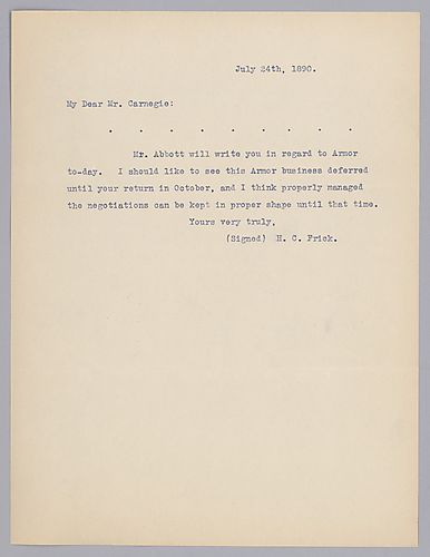 Frick writes his desire to postpone Armor plating negotiations until October