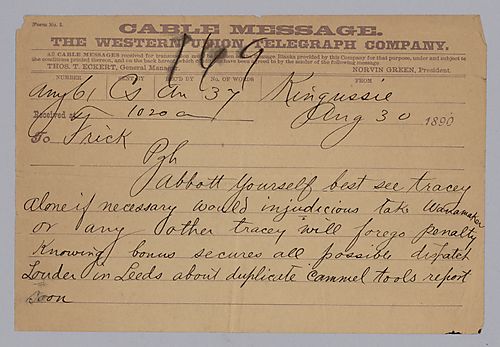 Carnegie writes from Kingussie, Scotland about Abbott meeting Tracey. He also writes that Lauder is in Leeds about duplicate Cammiel tools