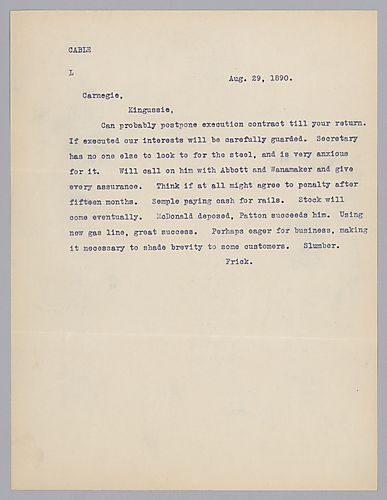 Frick writes on Abbott and Wanamaker, Semple and Patton. He also reports that the new gas line is a success