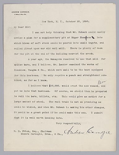 Carnegie writes on additions he proposes at Edgar Thomson, in light of the declining demand for rails, to allow the plant to produce tin bars, billets, etc