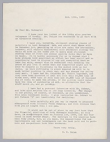 Frick writes to Carnegie to update him on the situation of the company and measures being taken to eliminate excess product