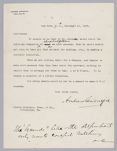 Carnegie writes from New York, [N.Y.] on selling siding, etc. to railroads to reduce excess product. In a handwritten post-script, Carnegie calls for careful watching