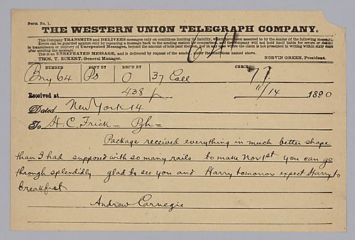 Carnegie writes from New York, [N.Y.] on his delight in Frick's report that things are in better shape than he thought. He expects to meet Frick and "Harry" on November 15