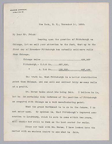 Carnegie writes from New York, [N.Y.] on possible agreements for rail production with Illinois Steel Company. He cites Pittsburgh's location as reason to reach an arrangement of equality between the two