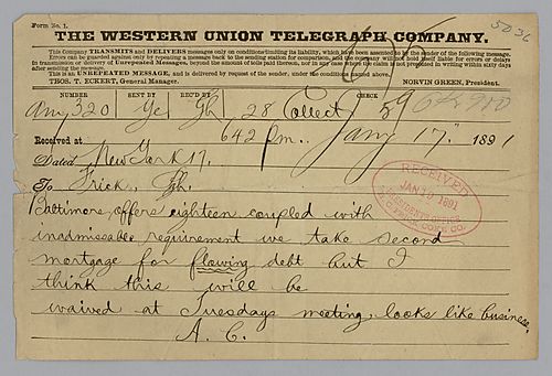 Carnegie sends a telegraph from New York City, stating an offer was submitted by Baltimore and Ohio Railroad