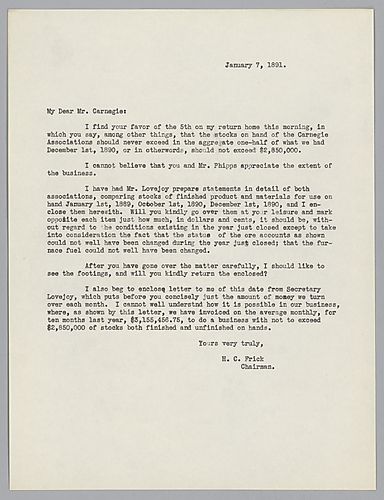 Frick indicates that on his request Mr. Lovejoy has prepared a statement of both [Carnegie Brothers and Company and Carnegie, Phipps and Company}, which compares stock of finished product and material for use on January 1, 1890, October 1, 1890 and Decemb