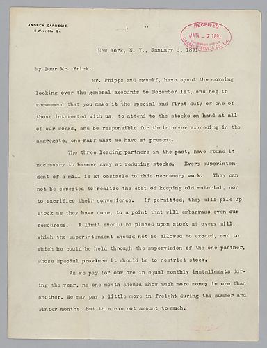 Writing from New York, Carnegie requests Frick to produce a statement that will indicate the amount of stock of product and material housed at their various works