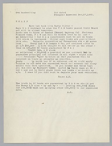 Carnegie discusses the trading of bonds in the deal with "B.&.O." [Baltimore and Ohio Railroad]